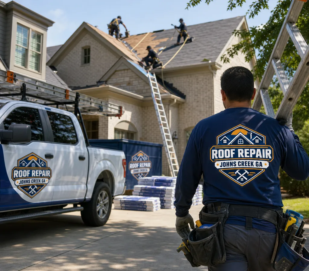 Roofing crew staging ladders and materials beside a Johns Creek home