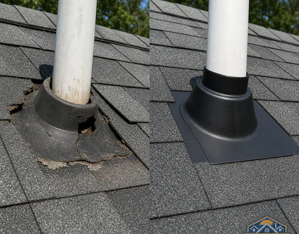 Before and after view of a failing pipe boot replaced and integrated into surrounding shingles