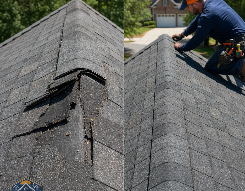 Before and after view of lifted ridge shingles repaired with matching shingles