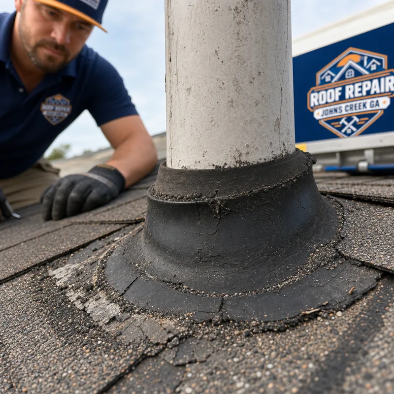 Worn rubber pipe boot and granule loss around a plumbing vent on an asphalt shingle roof
