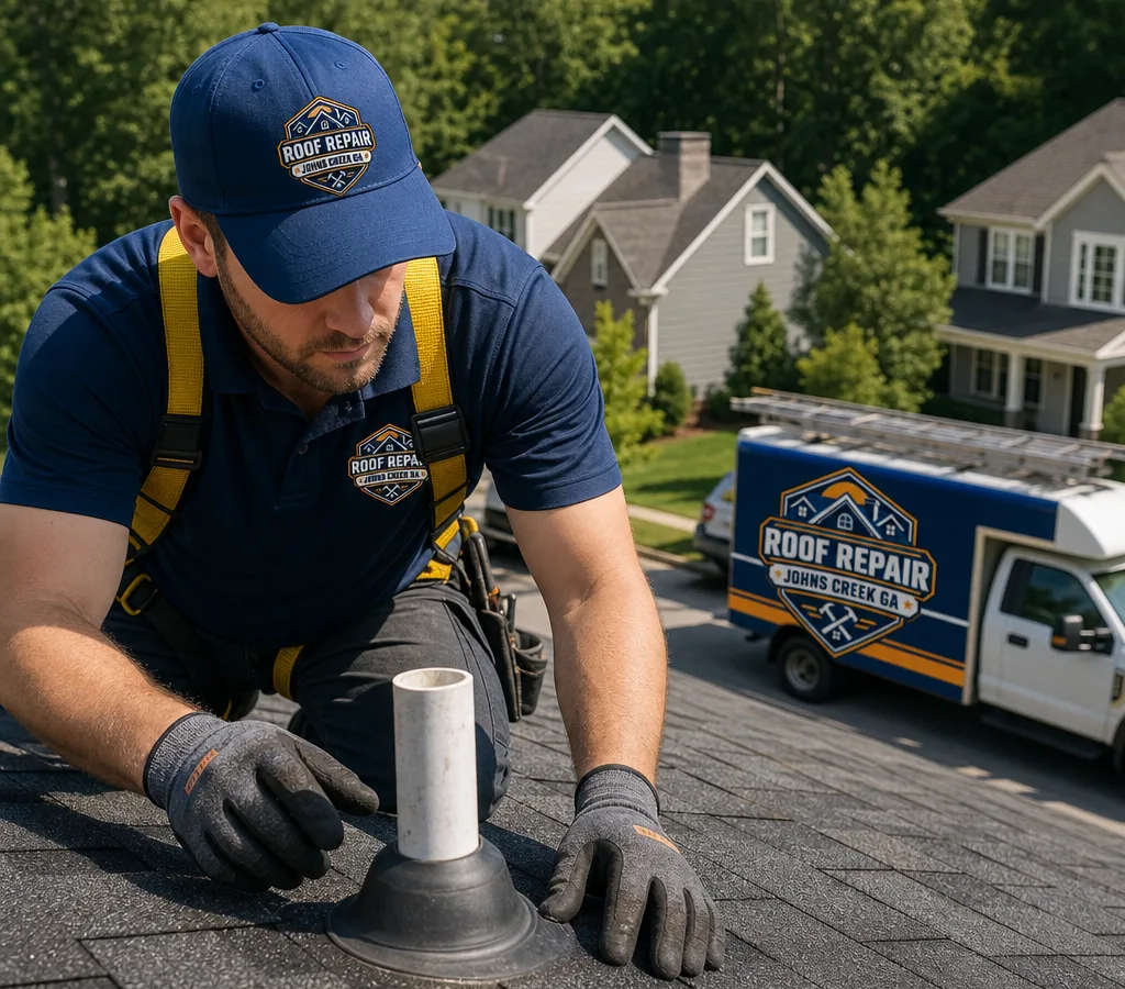 Technician inspecting a roof vent and pipe boot on an asphalt shingle roof in Johns Creek
