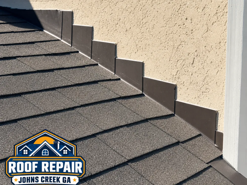 Finished step flashing along a roof-to-wall intersection with clean shingle lines