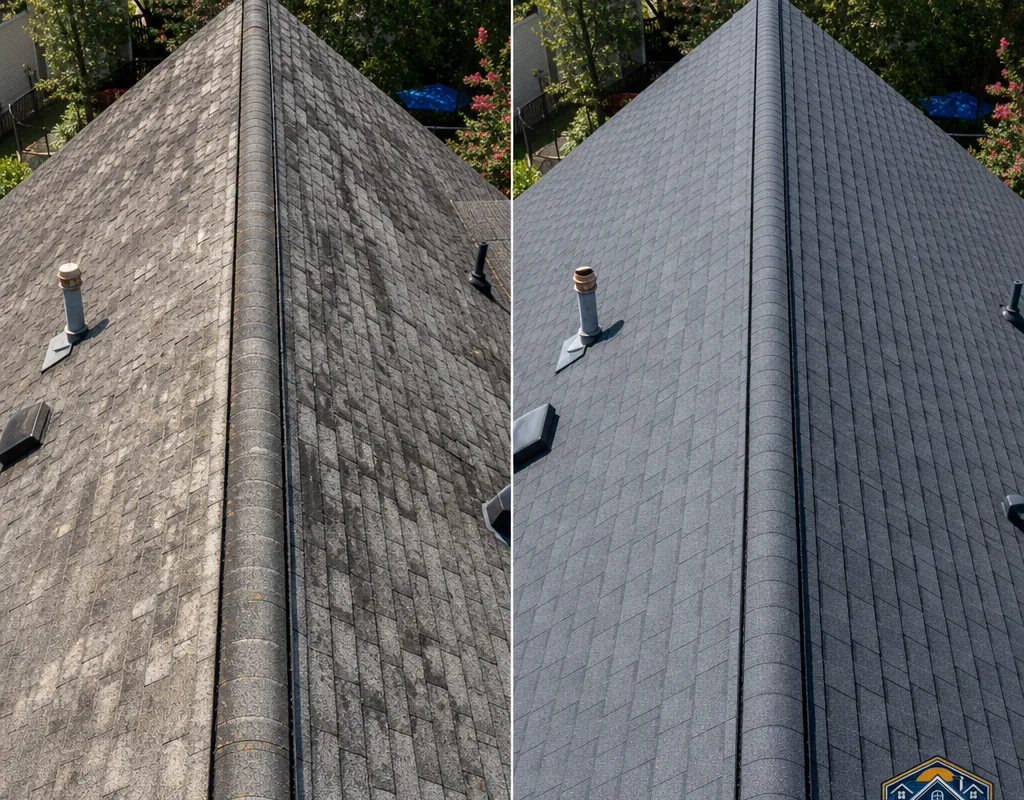 Before and after view of an aged asphalt shingle roof replaced with uniform new shingles and a straight ridge line