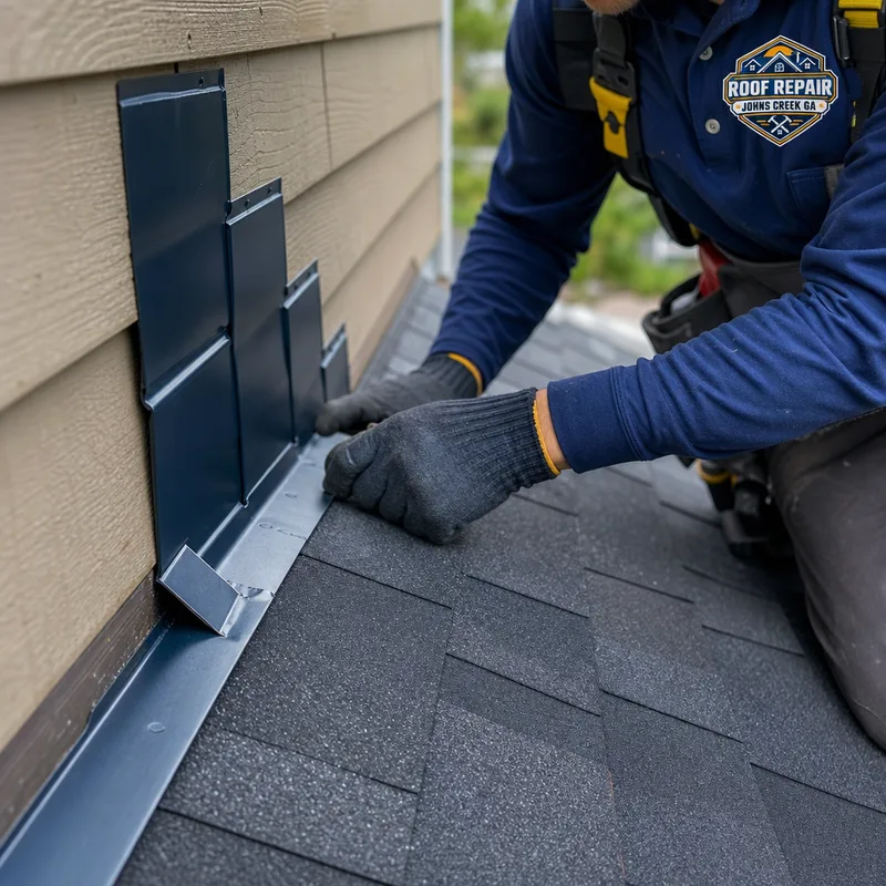Properly installed step flashing and kickout flashing at a roof-to-wall intersection with new shingles