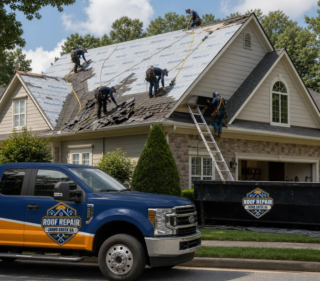 Roofing crew performing a full asphalt shingle tear-off and replacement on a Johns Creek home with underlayment visible and fall protection in use