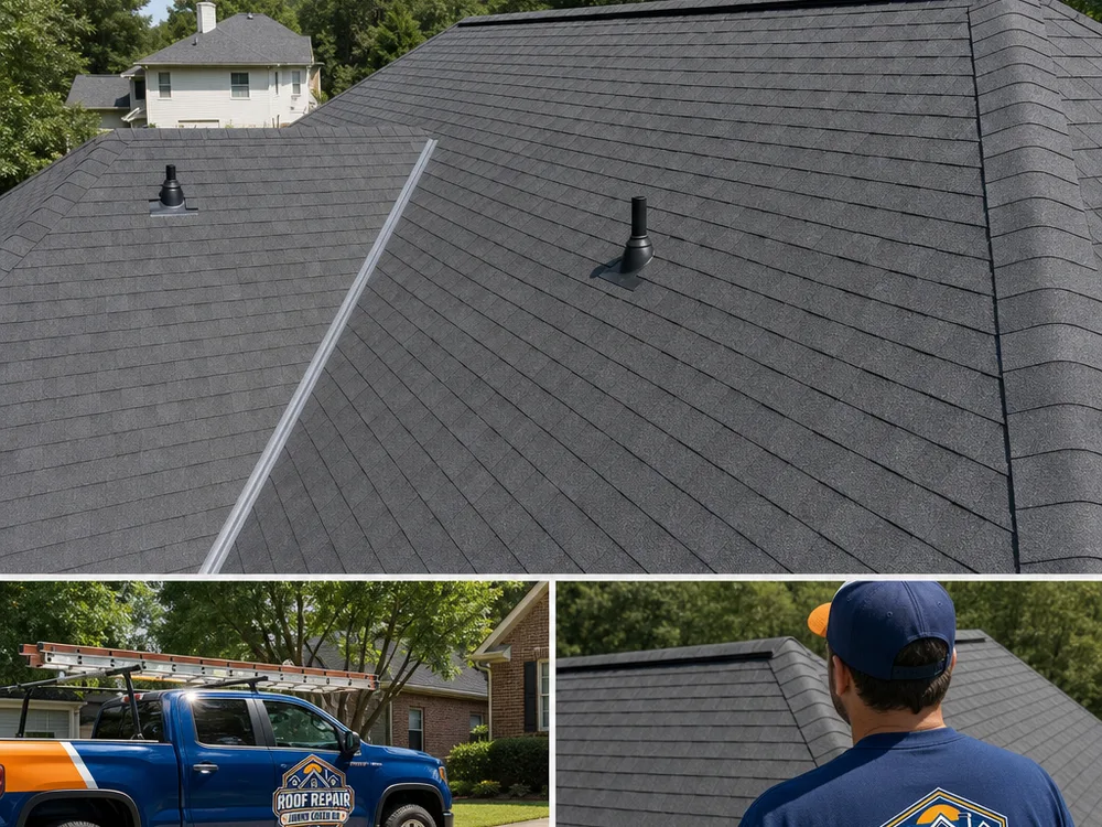 Finished multi-slope roof with clean valley lines, properly seated pipe boots, and a new ridge vent