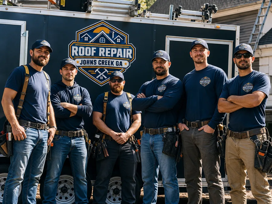 Roof Repair Johns Creek Ga roofing crew in work shirts and safety gear beside their work vehicle